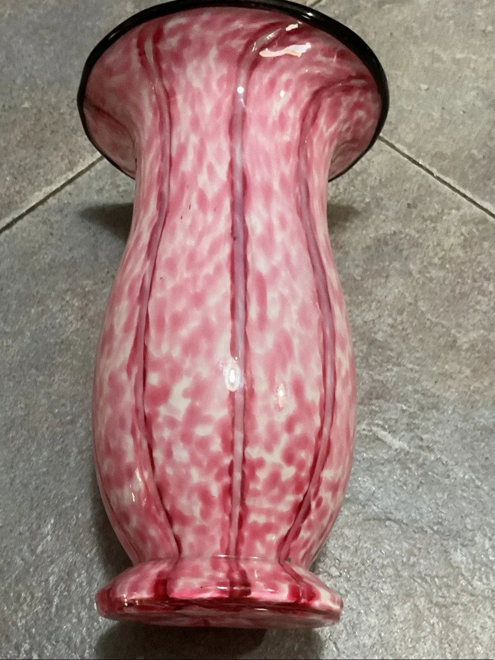 Hand-Blown Pink Art Glass Vase with Black Rim